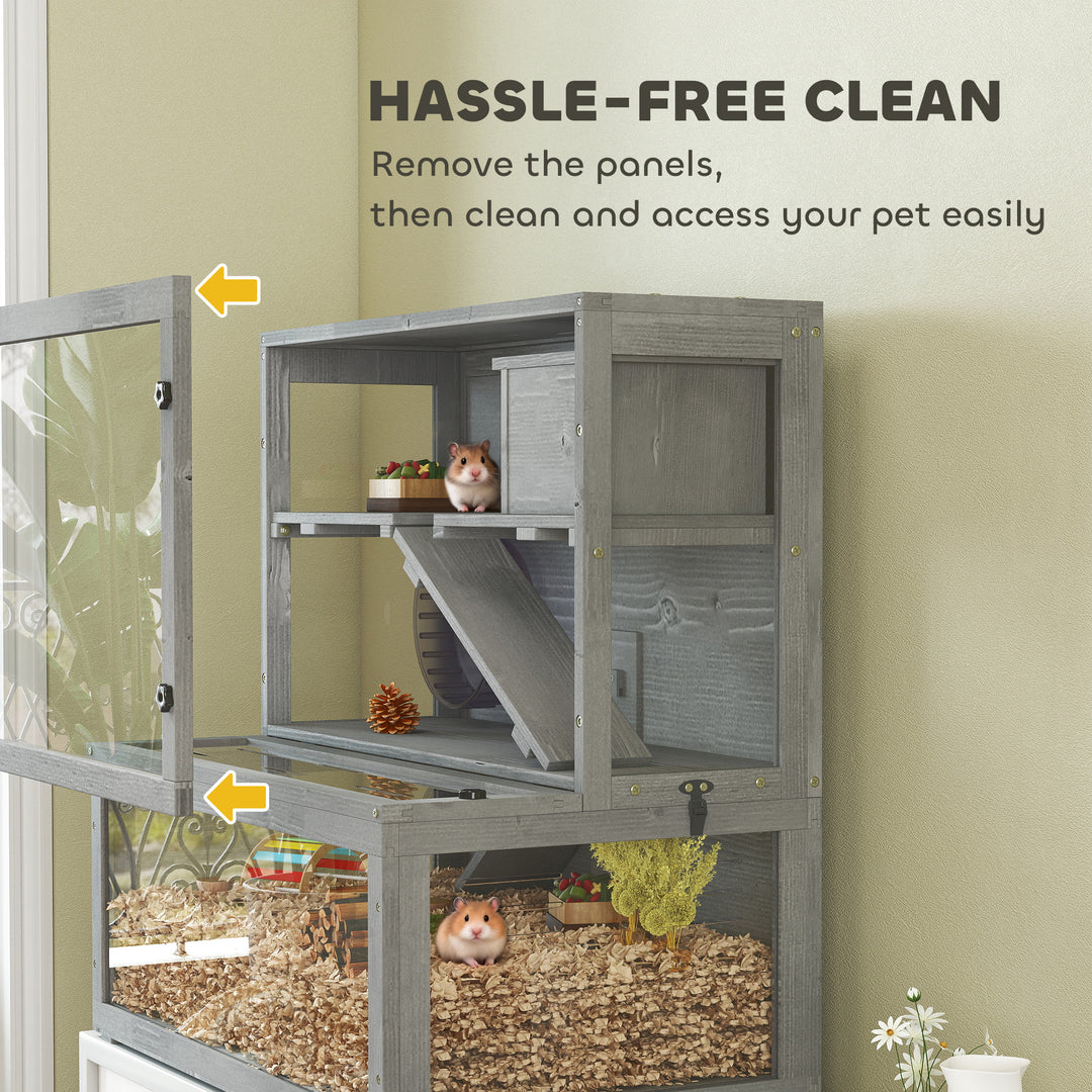 Wooden Hamster Cage with Hut, Wheel, Ramps, Removable Viewing Panels, 80 x 50 x 84 cm