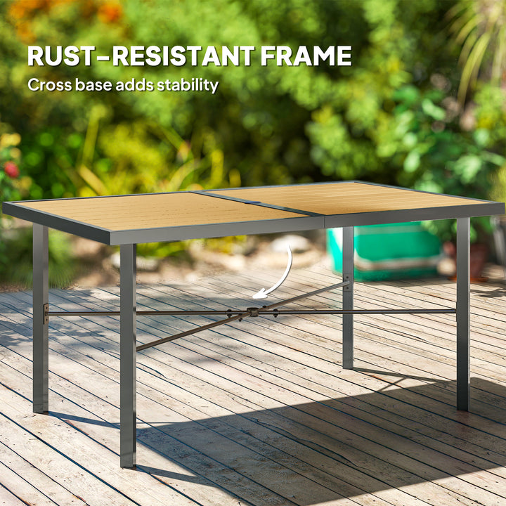 Garden Table for 6, 150 cm Rectangular Outdoor Dining Table with 5 cm Umbrella Hole, Wood Effect Top, Rust Resistant Frame, for Patio, Balcony, Terrace, Natural Wood Finish