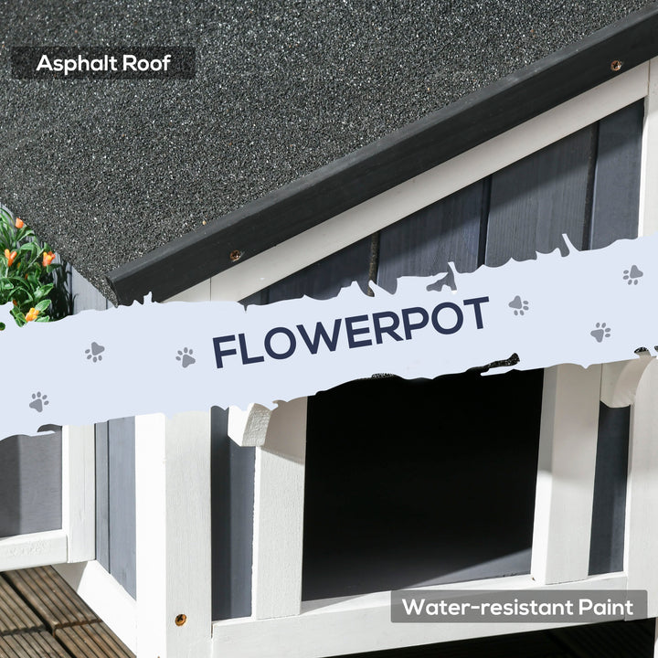 Wooden Cat House with Flower Pot, Windows, Multiple Entrances, Water-Resistant Roof for Outdoor - Grey