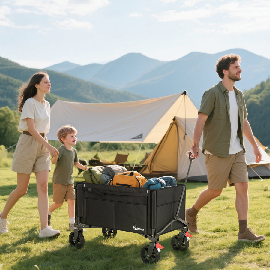 Festival Trolley on Wheels, 150L Folding Camping Trolley Cart with Openable Sides, Adjustable Handle and Brakes for Shopping Beach Garden Fishing, Black