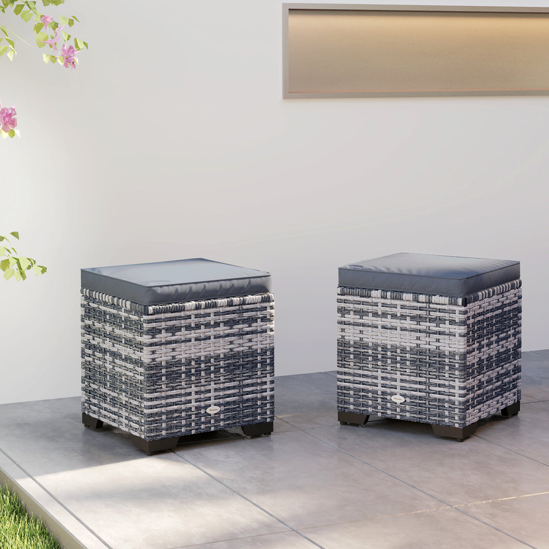 Set of 2 Rattan Storage Ottoman, Outdoor Footstool with Removable Cushions, Garden Storage Seat for Balcony, Poolside, Living Room, Dark Grey