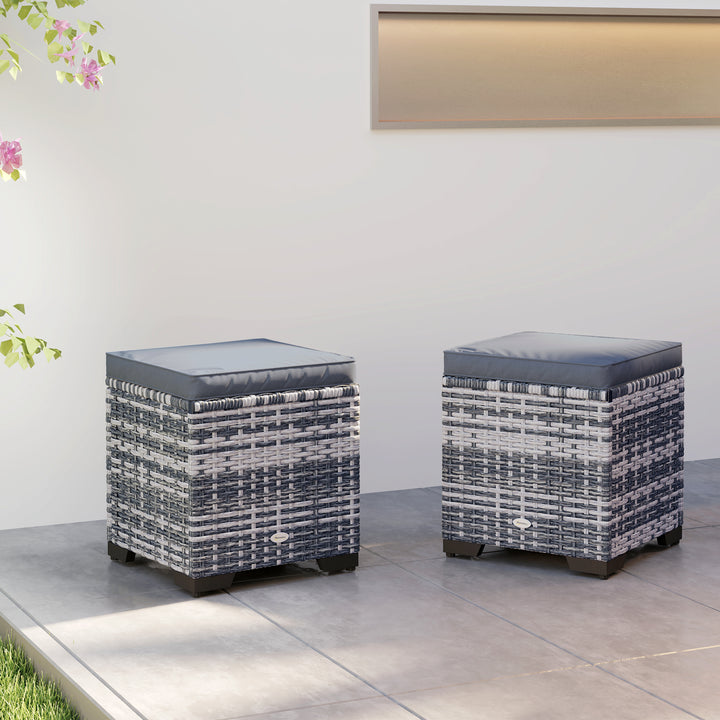 Set of 2 Rattan Storage Ottoman, Outdoor Footstool with Removable Cushions, Garden Storage Seat for Balcony, Poolside, Living Room, Dark Grey