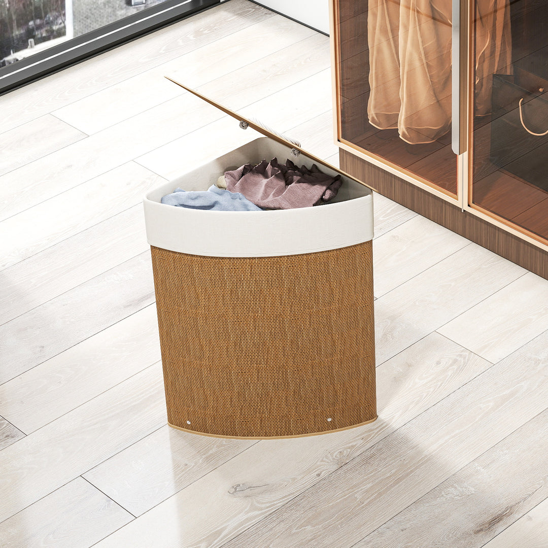 Bamboo Laundry Basket with Lid, 55L Corner Laundry Hamper with Removable Washable Liner Bag, Bathroom Triangle Washing Basket, 35 x 35 x 60 cm, Brown