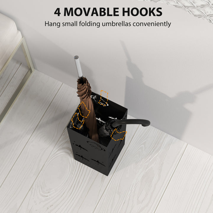 Metal Umbrella Stand, Square Umbrella Holder with Removable Drip Tray and 4 Hooks, Decorative Umbrella Storage Rack for Hallway, Entryway, 15.5 x 15.5 x 41 cm, Black