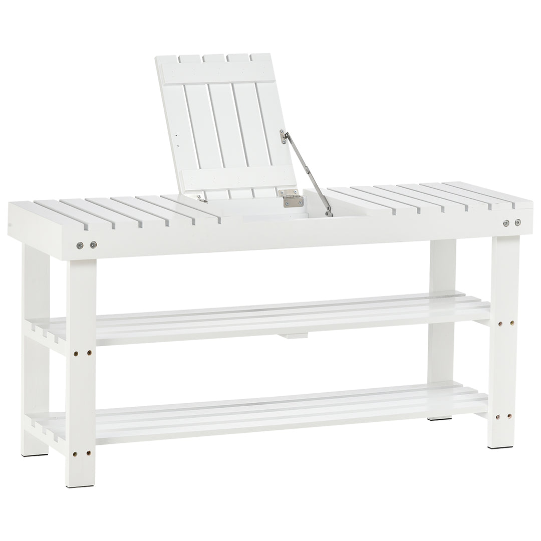 Shoe Bench, 3-Tier Wooden Shoe Rack with Hidden Storage Compartment, Slatted Shelves, Home Storage Unit, Hallway Furniture, White, 90L x 29W x45H cm