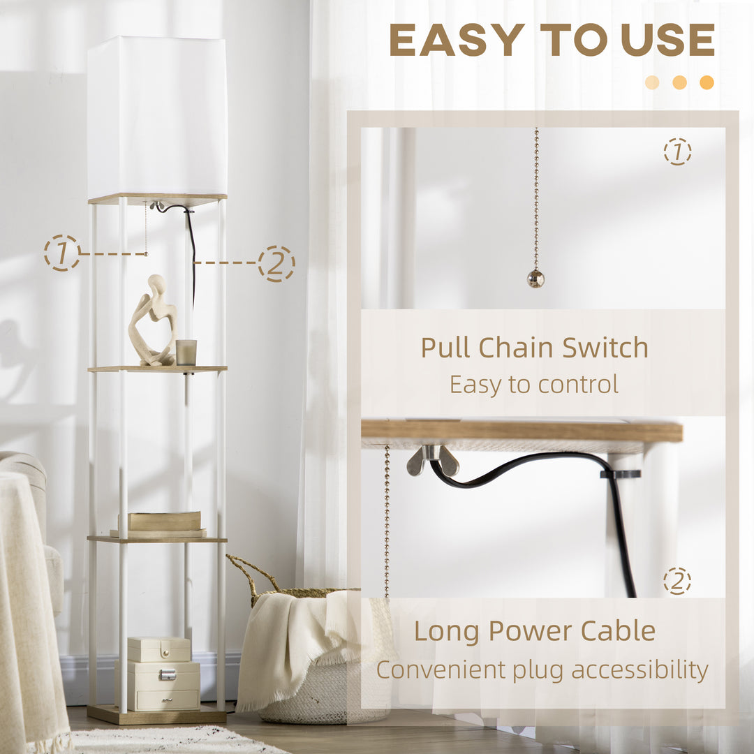 Modern Floor Lamp with Shelves, 3 Layer Shelf Tall Standing Lamp with Fabric Lampshade, Pull Chain Switch for Living Room, Bedroom, Bulb not Included, White