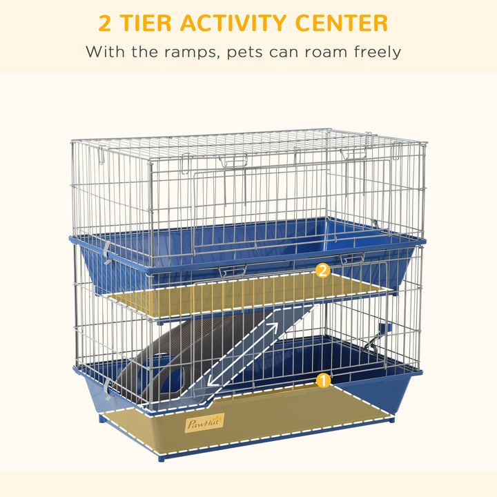 PawHut Small Animal Cage, Metal 2-Tier, Spacious, Secure, Easy Clean, Blue | Aosom UK