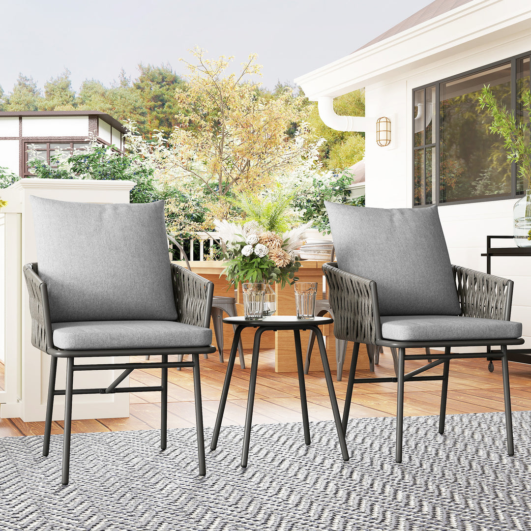 3-Piece Rattan Bistro Set, Garden Table and Chairs with 4 Cushions, Patio Rattan Conversation Furniture Set for Balcony, Porch, Terrace, Grey