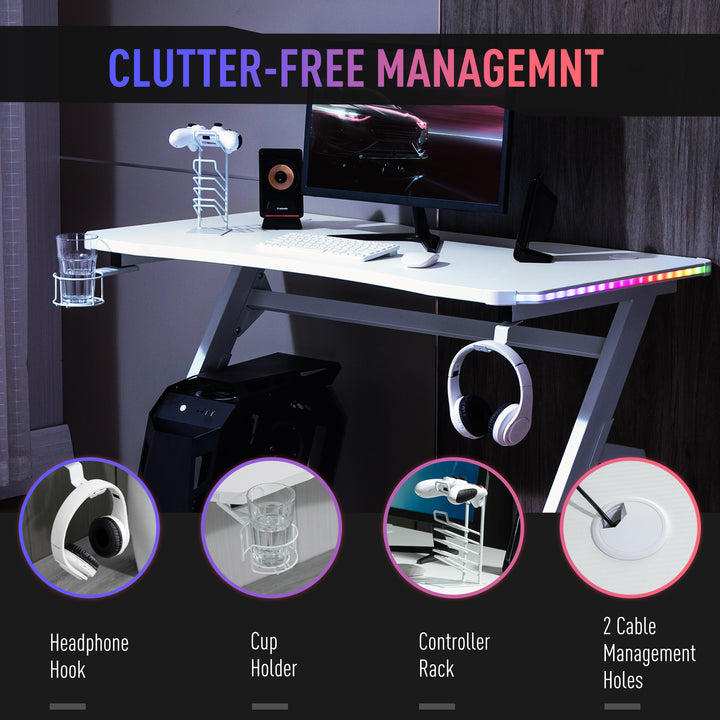 RGB 120 x 66cm Gaming Desk, Computer Table with Carbon Fibre Surface, Headphone Hook, Cup Holder, Controller Rack, Home Office Desk, White