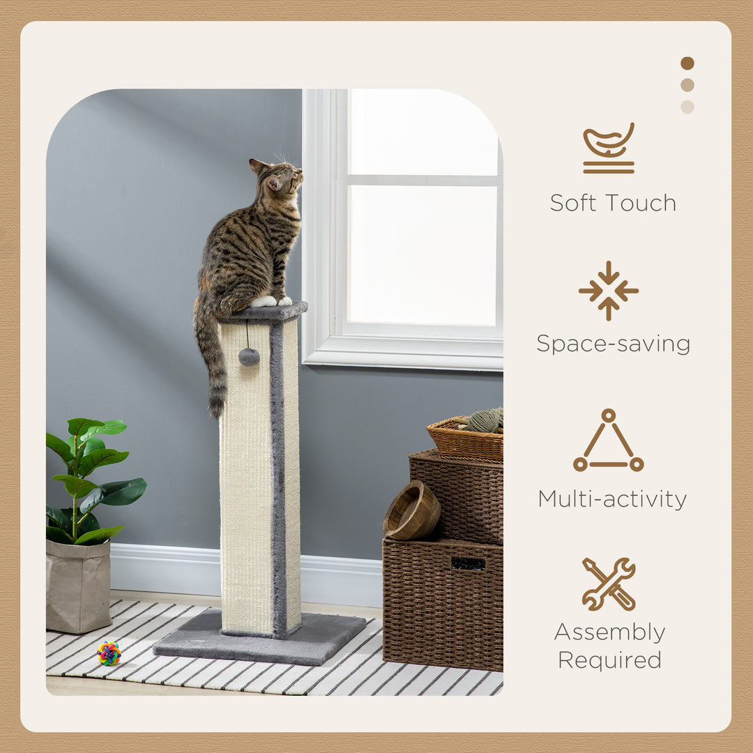 81cm Cat Scratcher, Vertical Full Scratcher w/ Natural Sisal Rope, Hanging Ball, Soft Plush - Grey