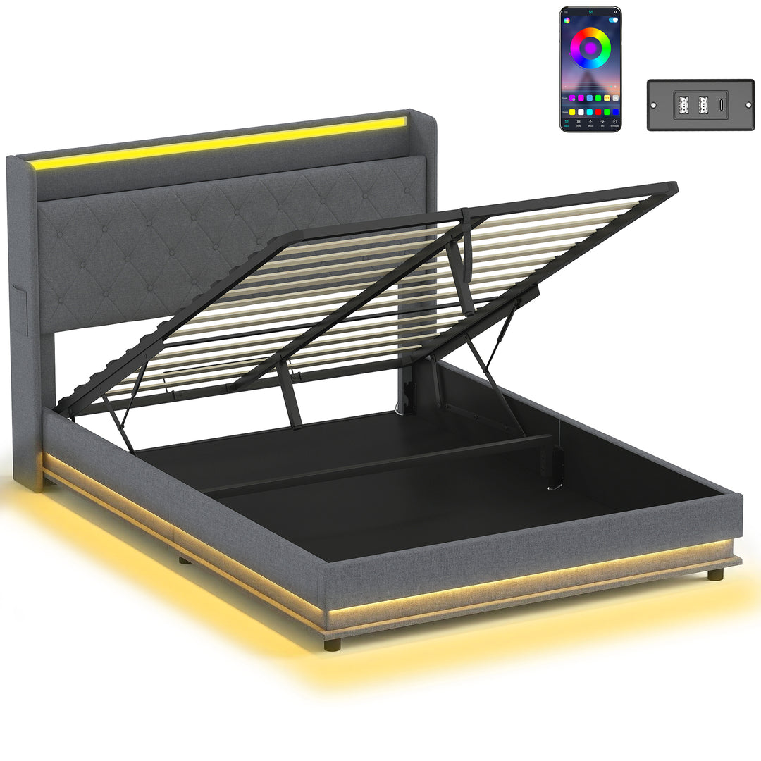 5ft King Bed Frame with Headboard, Platform Bed Frame with Hydraulic S