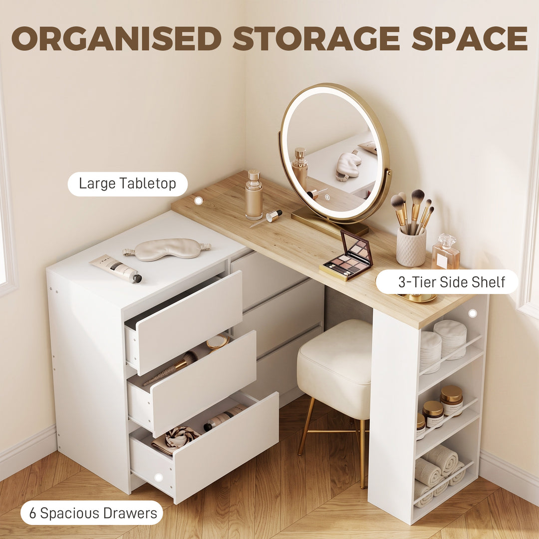 Vanity Table, Dressing Table with 6 Drawers and 3-Tier Shelf for Women