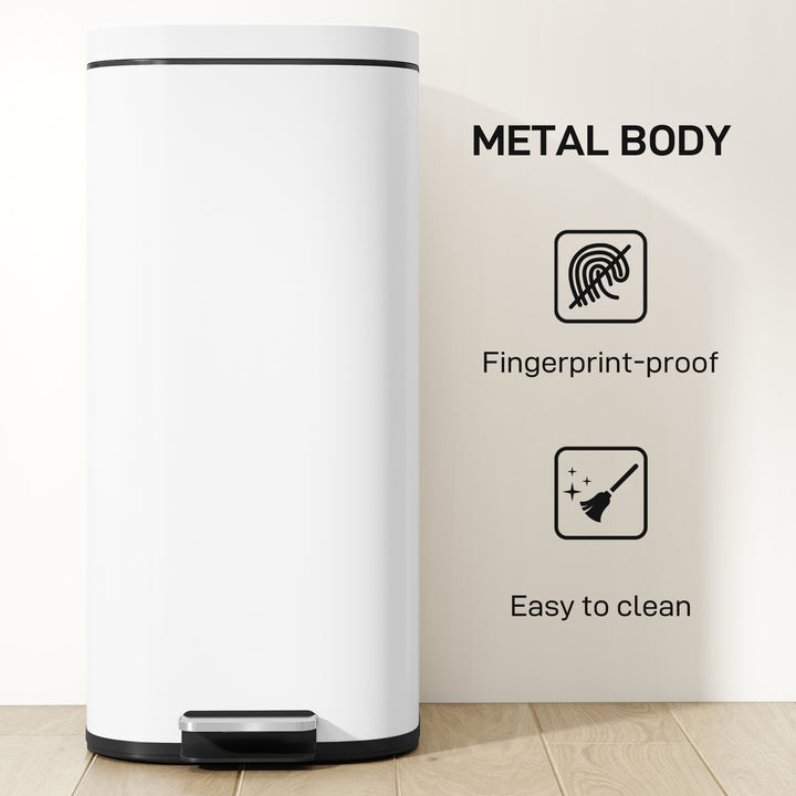 MCL 30L Kitchen Bin, Compact Pedal Bin with Soft-Close and Stay-Open Lid, Removable Bucket for Kitchen, Home, Office, White