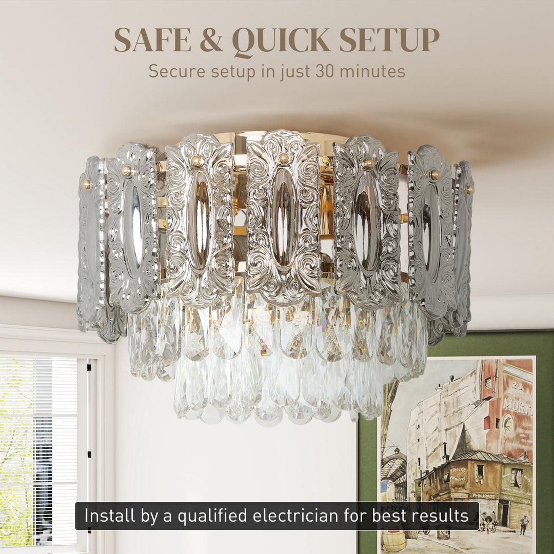 MCL Chandelier Ceiling Light, 3-Light Vintage Flush Mount Fixture with Dual Crystal and Smoke Glass Shade, LED Ceiling Light for Living Room Bedroom, 3 E27 Sockets, Bulbs Not Included, Gold Tone