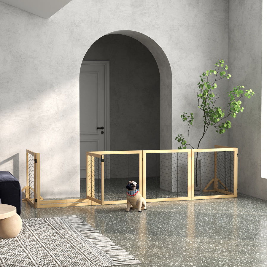 8 Panels Foldable Pet Gate with Support Feet, for House, Doorway, Stairs, Small and Medium Dogs - Natural Wood