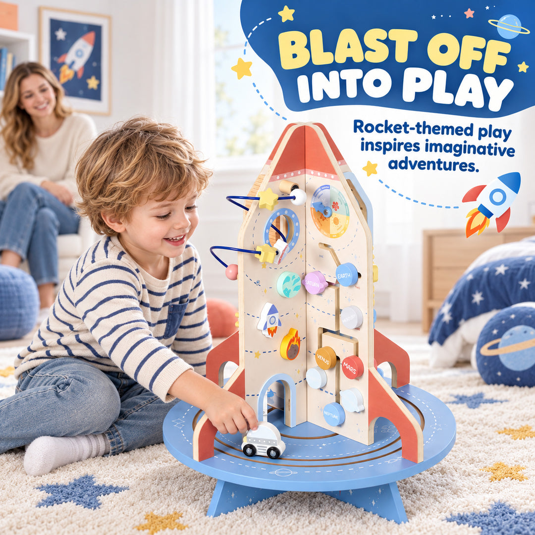 Wooden Activity Cube, Rocket Theme Educational Toys with Shape Sorter - view 4