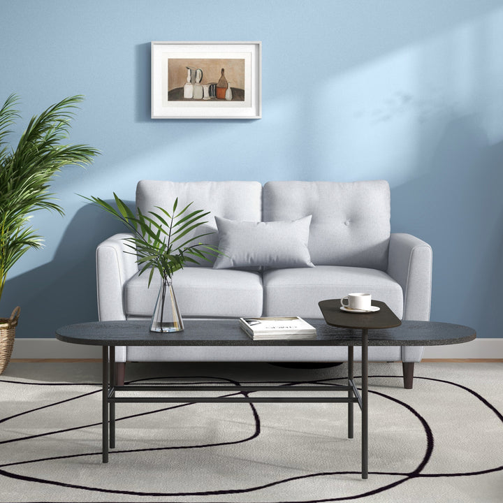 2 Seater Sofa with Spring Cushion, Fabric Sofa with Wooden Legs, Modern Love Seat for Living Room, 140cm Width Tufted Couch for Bedroom, Light Grey