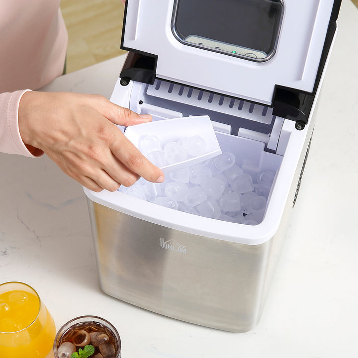 Ice Maker Machine Countertop, 9 Ice Cubes in 8 Mins, 12KG in 24Hrs, Self-Cleaning Portable Ice Cube Maker with Ice Scoop and Basket, Stainless Steel, No Plumbing Required, Black