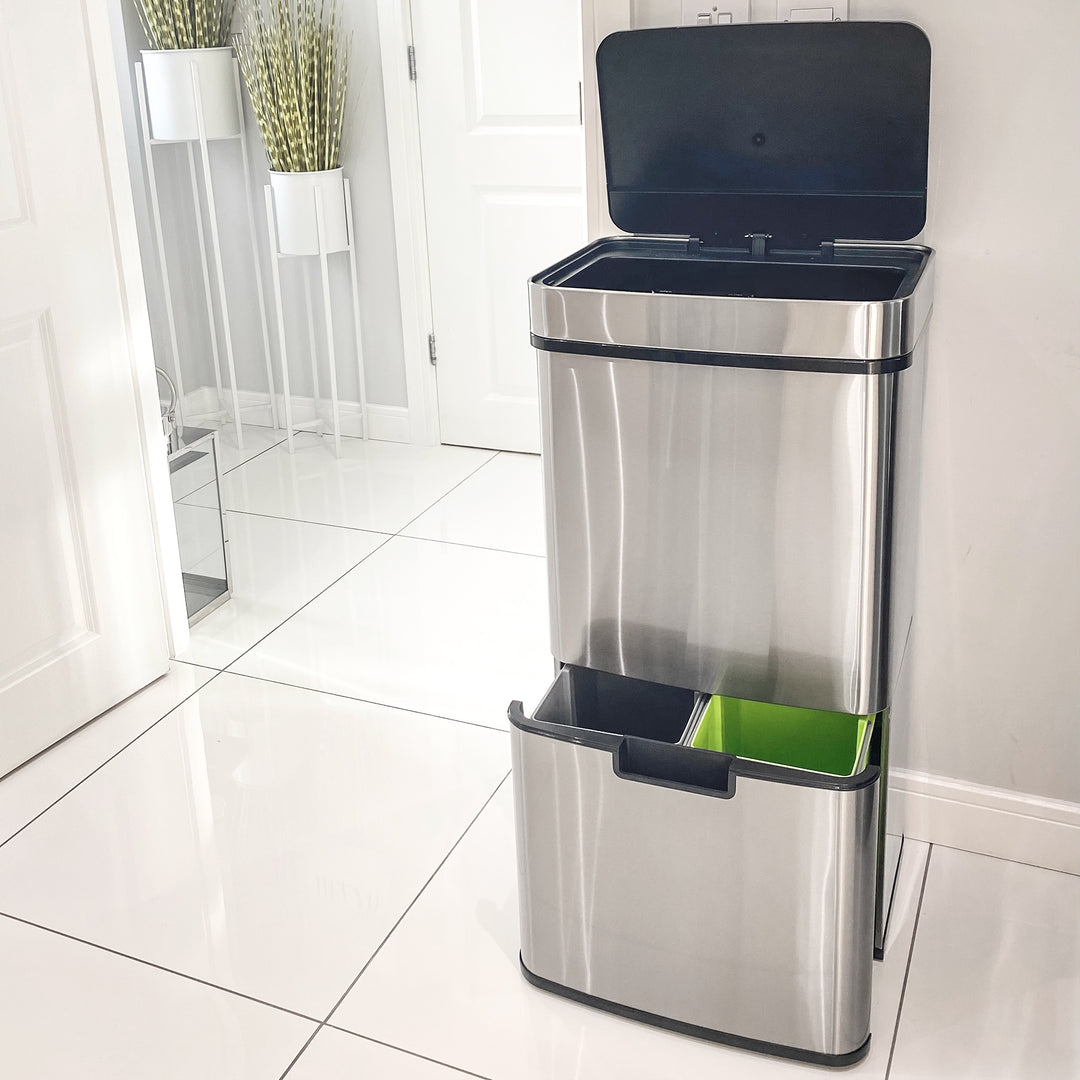 72L Recycling Sensor Bin Stainless Steel 3 Compartments For Both Wet/Dry Waste w/Removable Lid Kitchen Home