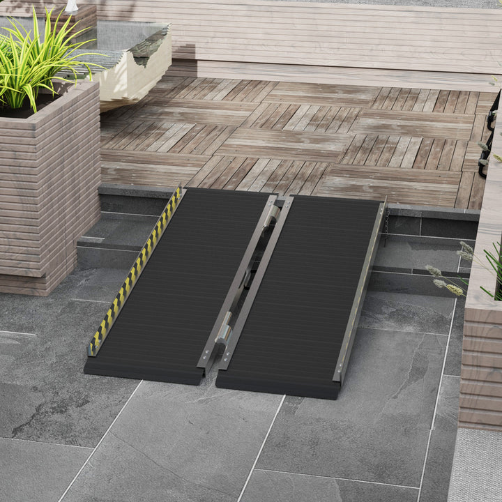Wheelchair Ramp, 122L x 73Wcm, 272KG Capacity, Folding Aluminium Threshold Ramp with Non-Skid Surface, Transition Plates Above and Below for Home, Steps, Stairs, Curbs, Doorways