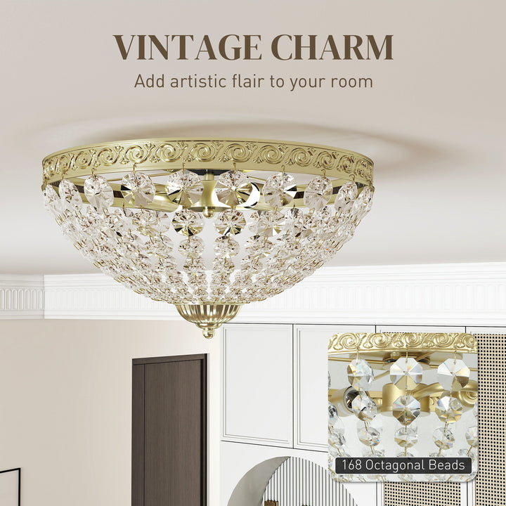 MCL Crystal Chandelier Ceiling Light with 168 Octagonal Beads, Vintage 2-Light Flush Mount Ceiling Light for Living Room, Bedroom, Hallway, Dining Room, Gold Tone