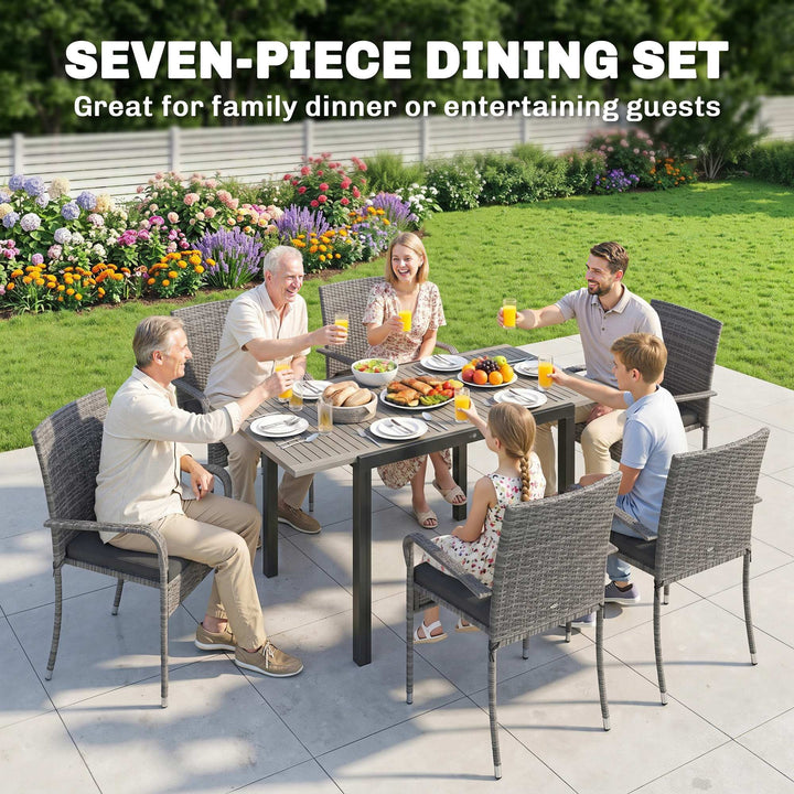 7 Piece Rattan Garden Furniture Set, 6 Seater Garden Table and 6 Stack