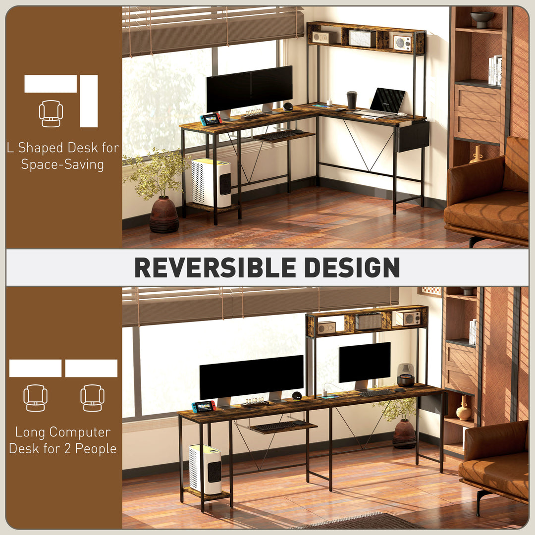 160cm Reversible L Shaped Desk with Power Outlet, Industrial Corner Desk with Storage Shelves and Keyboard Tray, 240cm Long Computer Desk for 2 Person, Rustic Brown