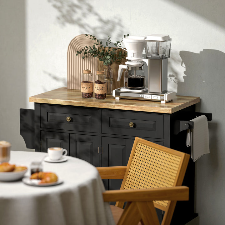 Rolling Kitchen Island Storage Trolley with Rubber Wood Top & Drawers for Dining Room, Black