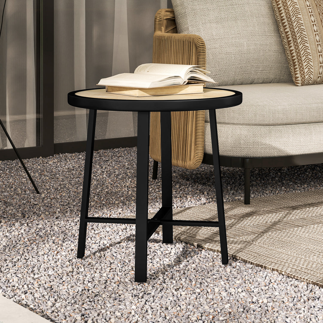 Round Small Garden Table, 50.5cm Outdoor Side Table with SPC Tabletop, Metal Frame and Anti-slip Foot Pads for Garden, Balcony, Nature Wood Finish