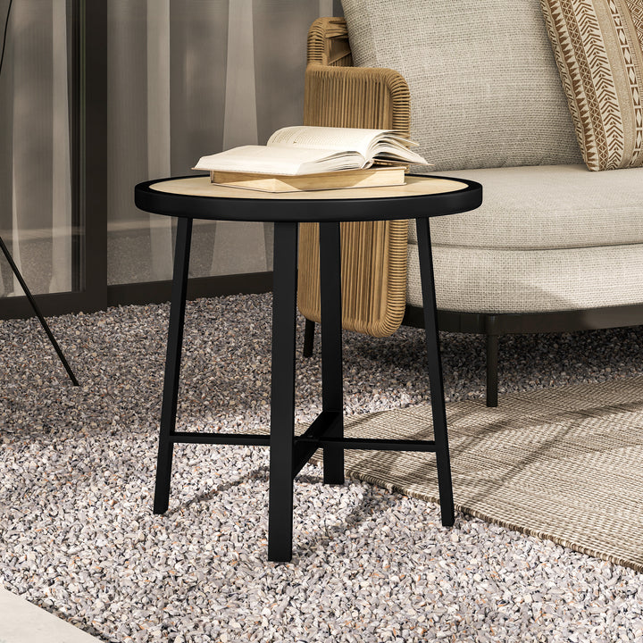 Round Small Garden Table, 50.5cm Outdoor Side Table with SPC Tabletop, Metal Frame and Anti-slip Foot Pads for Garden, Balcony, Nature Wood Finish