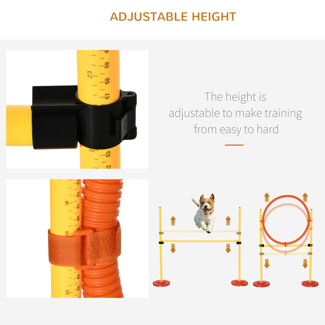 Dog Agility Equipment Portable Pet Training Obstacle Set for Dogs 5 Pieces w/ Adjustable High Jumping Pole, Jumping Ring, Weave Poles, Tunnel