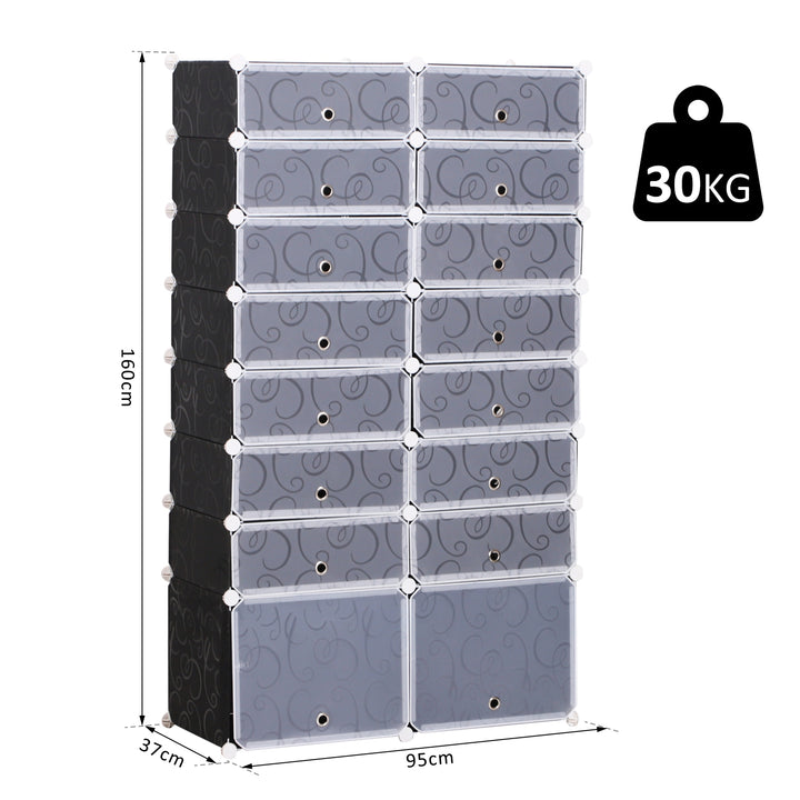 16 Cube Shoe Rack, 2 x 8 Tier Shoe Storage Cabinet, Modular Plastic Shelves for Bedroom, Living Room and Entryway, Space Saving Footwear Organizer, 32 Pairs, White and Black