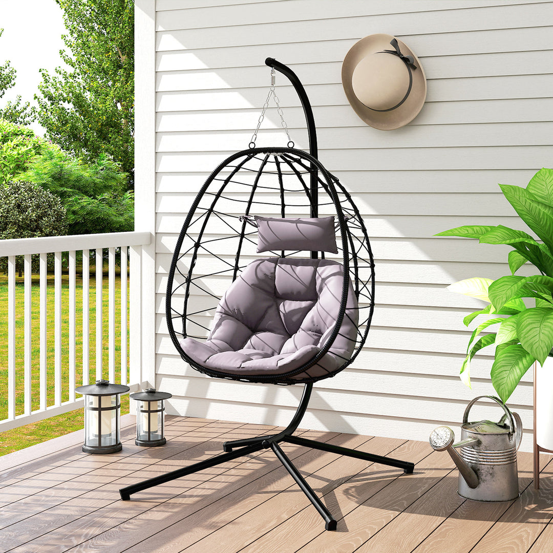 Hanging Egg Chair Outdoor Indoor Garden Swing Chair with Folding Basket, Thickened Cushion, Garden Hanging Chair with Stand, Headrest for Patio, Balcony, Grey