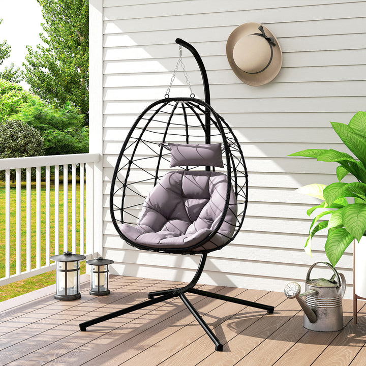 Hanging Egg Chair Outdoor Indoor Garden Swing Chair with Folding Basket, Thickened Cushion, Garden Hanging Chair with Stand, Headrest for Patio, Balcony, Grey