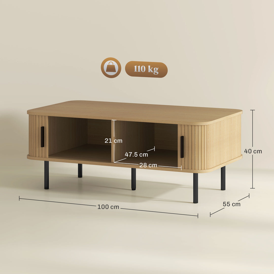 Coffee Table with Storage, Living Room Table with Slatted Tambour Sliding Doors and Foot Pads, Rectangular Coffee Table with Elevated Base for Living Room, Oak