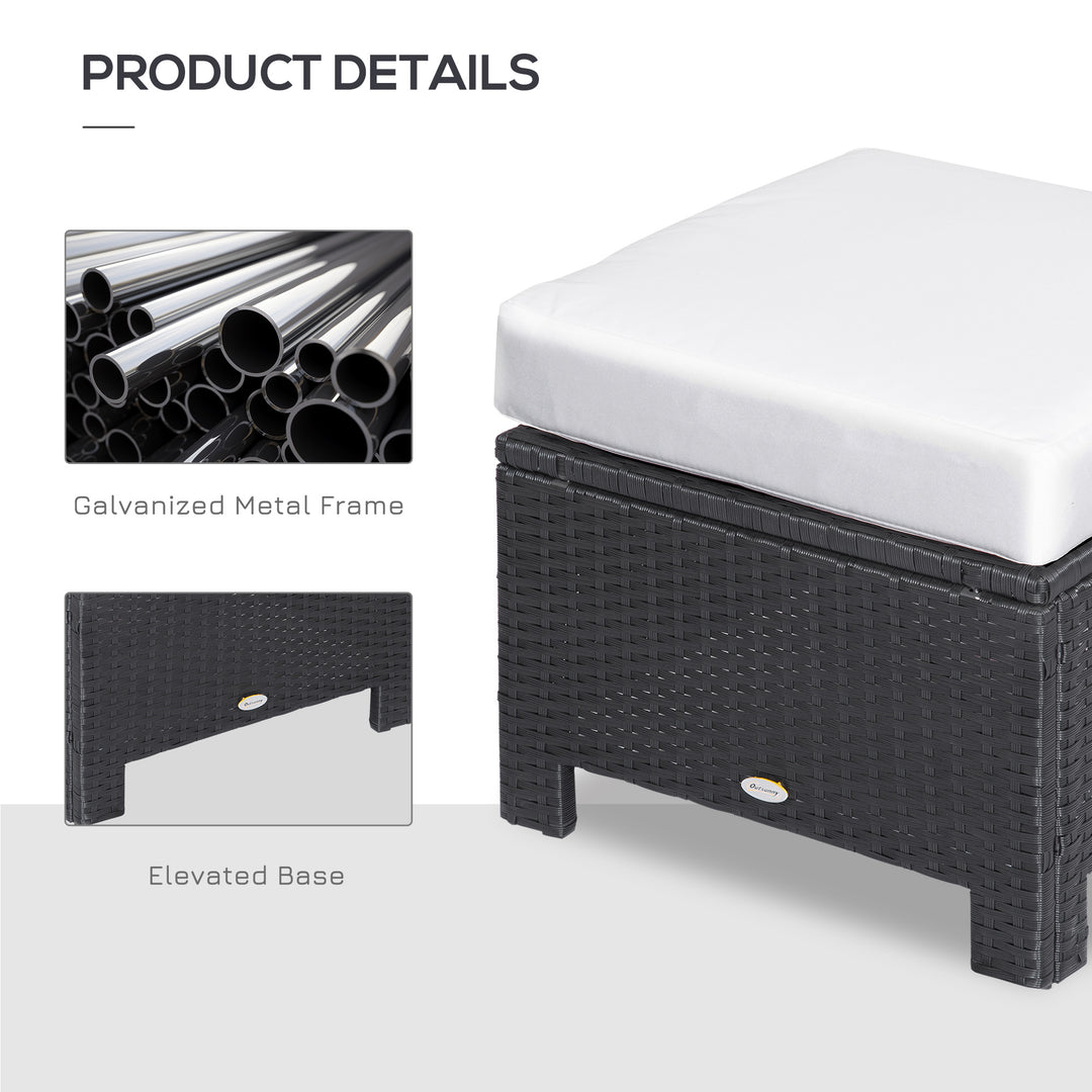 Rattan Footstool Wicker Ottoman with Padded Seat Cushion Outdoor Patio Furniture for Garden Poolside Living Room, 50 x 50 x 35 cm, Black