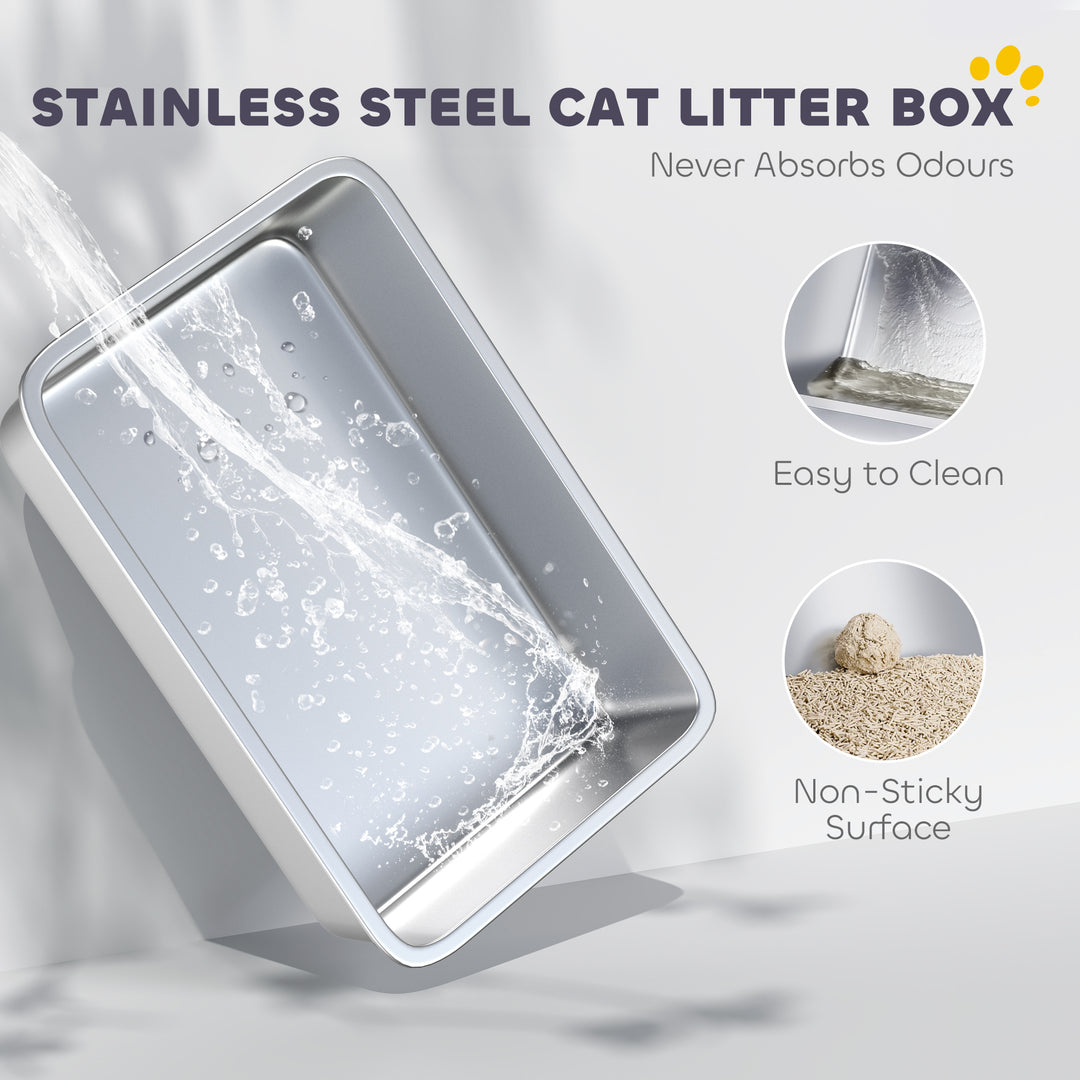 XL Stainless Steel Cat Litter Box with High Sides, Metal Scoop, 60 x 40 x 30 cm