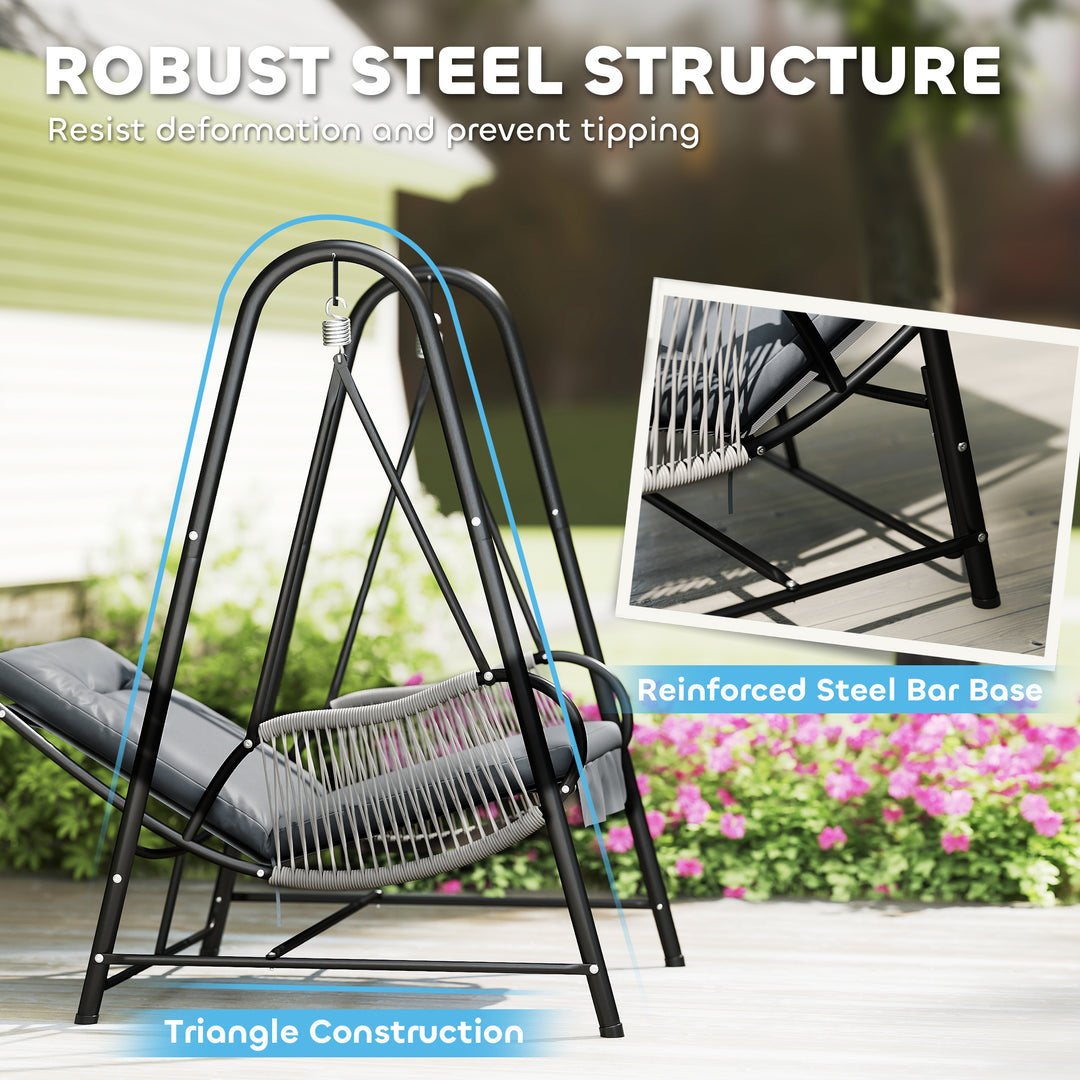Rattan Swing Chair, Outdoor Garden Hanging Swing Seat with Stand and Seat Cushion, Porch Hanging Chair for Balcony, Garden, Deck, Light Grey