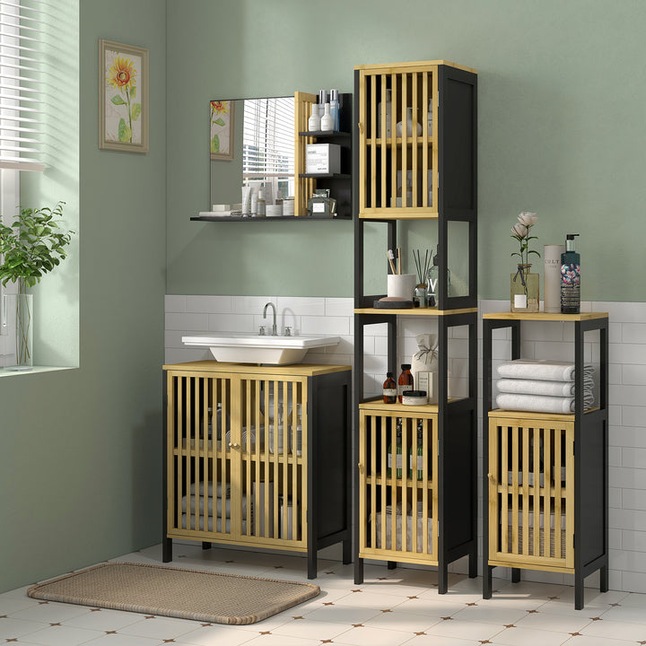 HOMCOM Under Sink Bathroom Cabinet, Bamboo Sink Storage Cabinet, Bathroom Vanity Unit w/ 2 Slat Doors, Adjustable Shelf & U-Shape Slot | Aosom UK