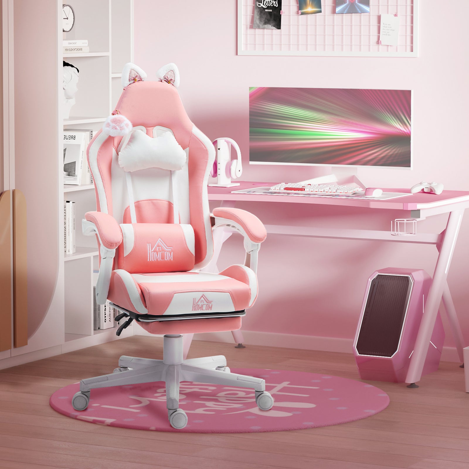 Cat Ear and Paw Reclining Office Chair, with Footrest - Pink/White