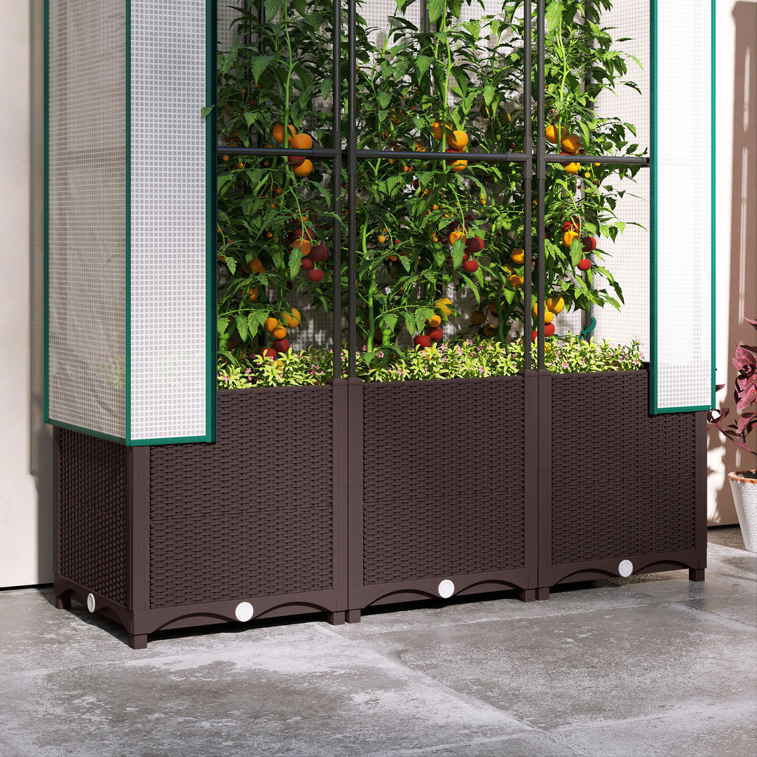 Raised Garden Bed with Trellis, Plastic Planter Box with PE Cover, Drainage Holes, Drain Plugs and Water Reservoirs for Climbing Plants, Vegetables, Flowers, 120 x 40 x 140 cm