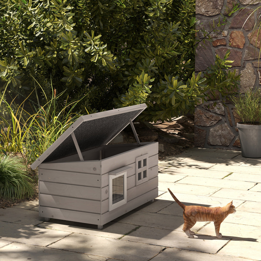 MCL Wooden Outdoor Cat House, Elevated Cat Shelter Kennel, Pet Play House with Openable Top, Asphalt Roof, Window, Grey
