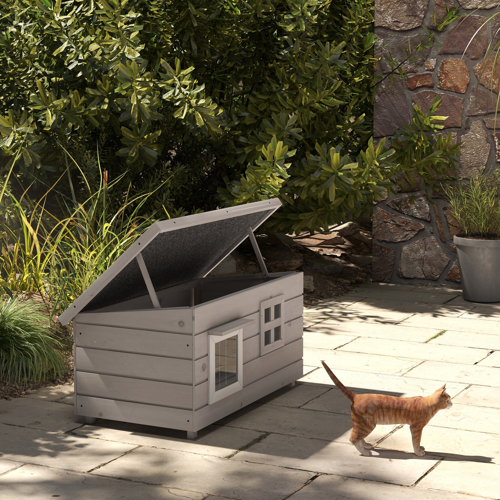 Wooden Outdoor Cat House, Elevated Cat Shelter Kennel, Pet Play House with Openable Top, Asphalt Roof, Window, Grey