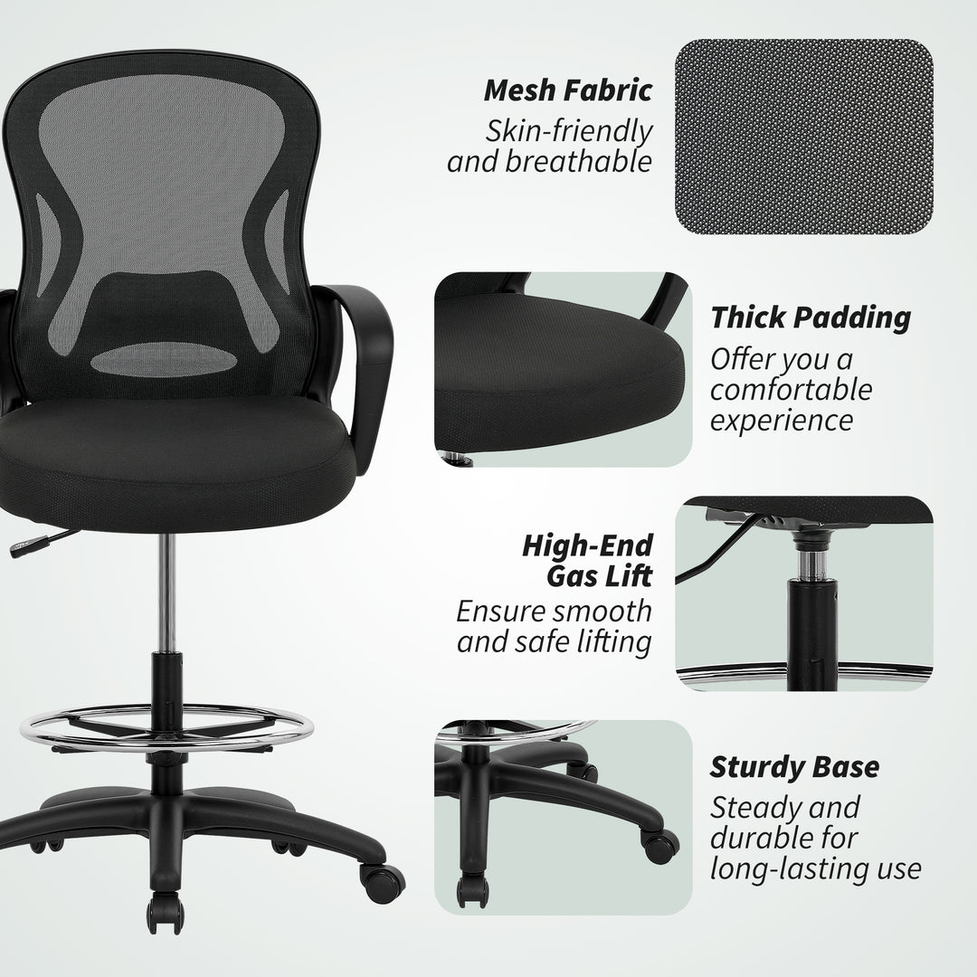 Drafting Chair with Adjustable Footrest, Ergonomic Mesh Office Chair with Lumbar Support, Adjustable Height for Standing Desk, Black