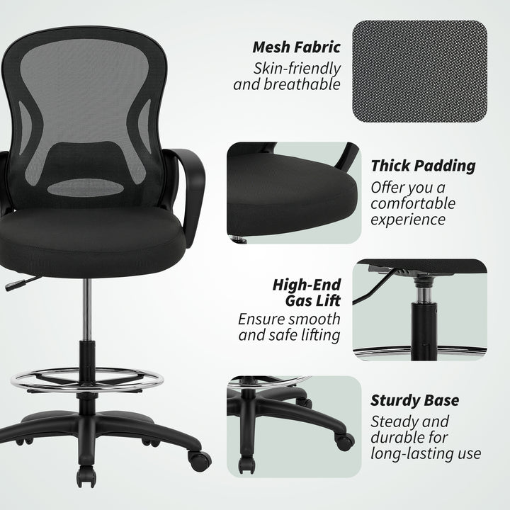 Drafting Chair with Adjustable Footrest, Ergonomic Mesh Office Chair with Lumbar Support, Adjustable Height for Standing Desk, Black
