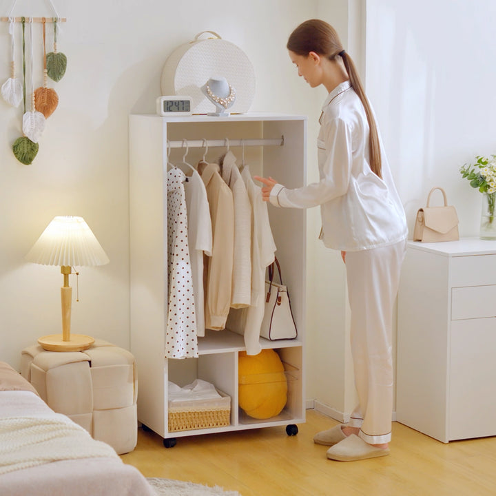 MCL Open Wardrobe on Wheels, Bedroom Wardrobe with Clothes Hanging Rail, 2 Storage Shelves, Mobile Garment Rack for Cloakroom, Hallway, White