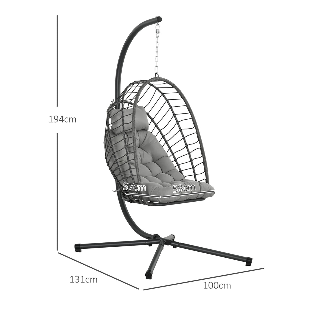 Outdoor PE Rattan Swing Chair with Foldable Basket and Cushion, Garden Patio Hanging Egg Chair with Metal Stand, Headrest for Indoor and Outdoor, Light Grey