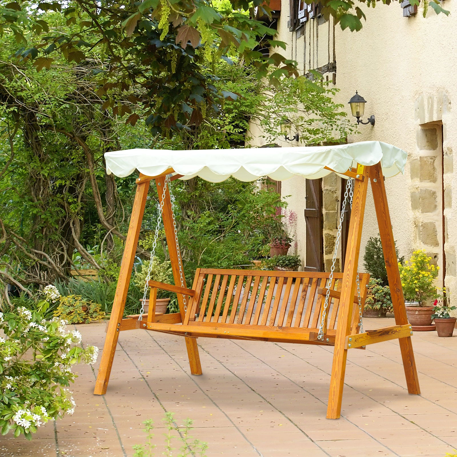 3 Seater Garden Swing Seat with Canopy, Wooden Swing Chair, Outdoor Hammock Bench for Balcony Patio Porch, Cream White