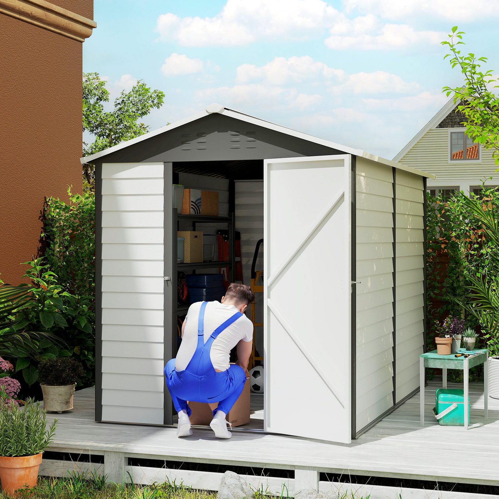 9x 6FT Metal Outdoor Garden Shed, Galvanised Tool Storage Shed w/ Sloped Roof, Lockable Door for Patio Lawn, Dark Grey