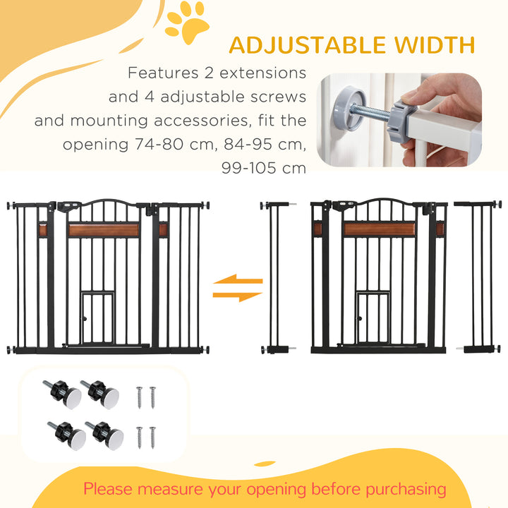 PawHut Dog Gate with Cat Flap Pet Safety Gate, Auto Close Double Locking Pine Wood Decoration, for Doorways Stairs, 74-105 cm Wide, Black | Aosom UK